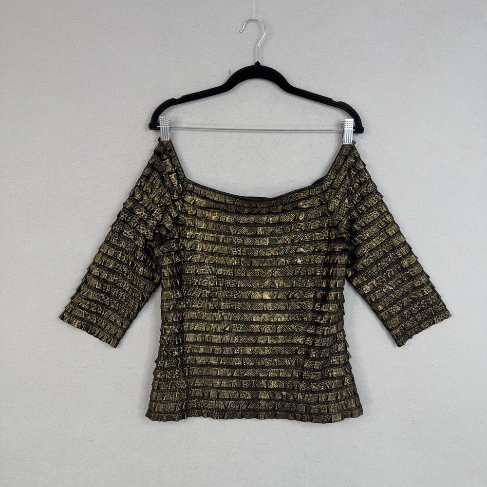 Frank Lyman Blouse Womens 12 Gold Animal Print Ruffle 3/4 Sleeve Top Metallic